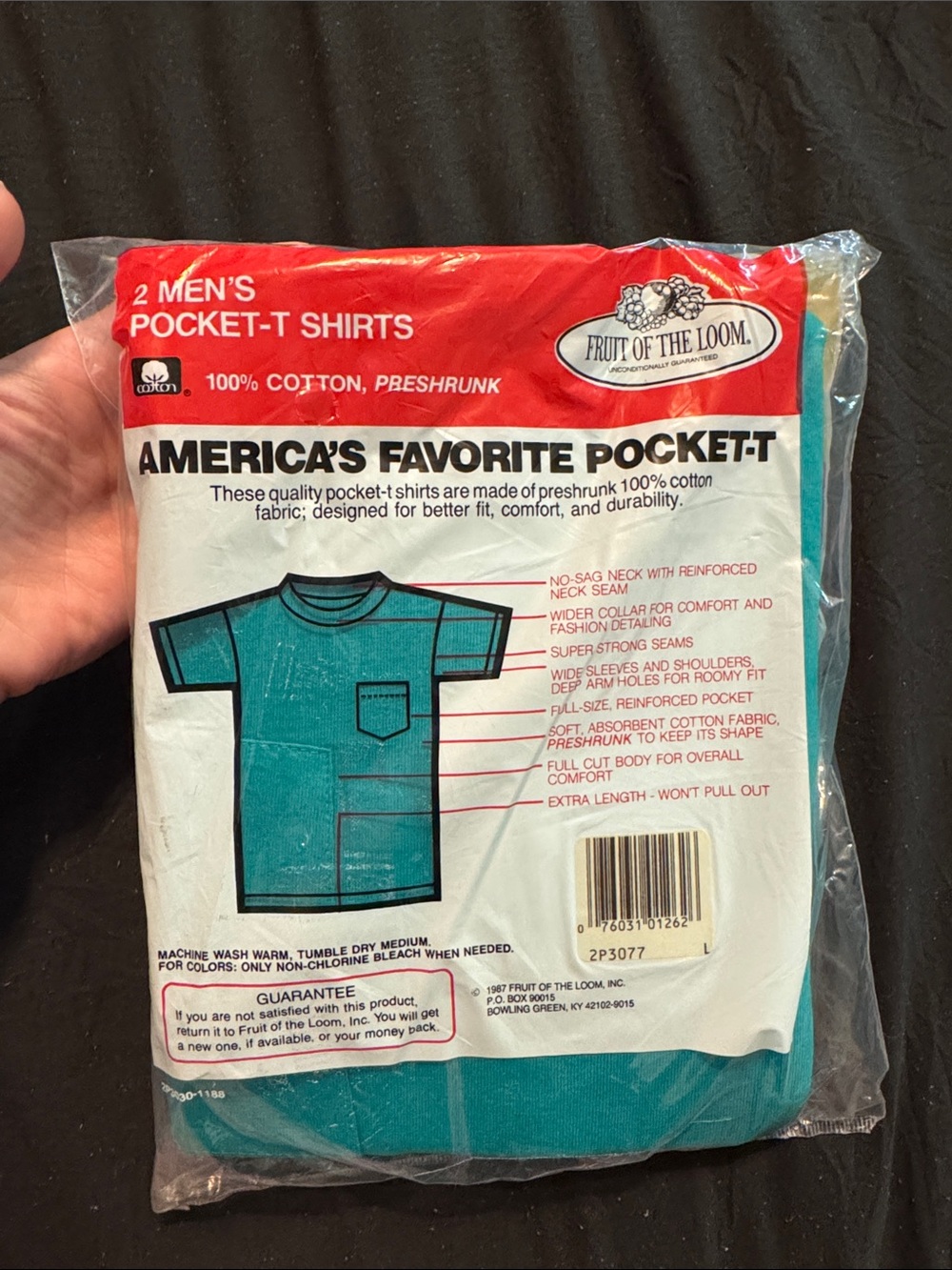 Vintage 1987 Fruit of the Loom 2 Men’s Teal Pocket large T-Shirt Value Pack - Picture 2 of 4
